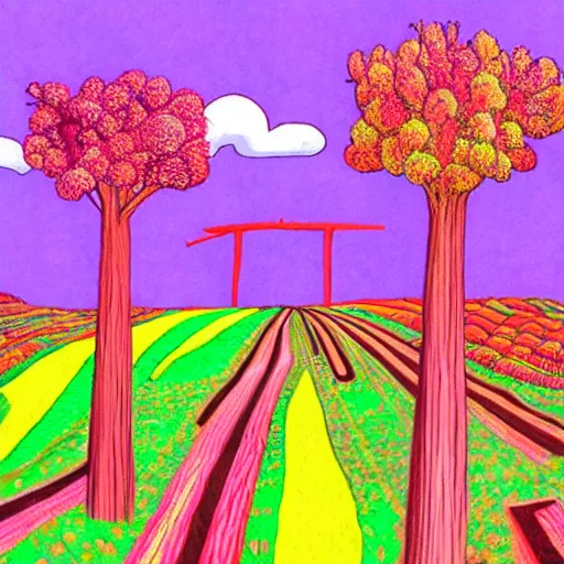 Image similar to chaotic by larry carlson color field paintingcubist, fuchsia. a beautiful drawing depicting a farm scene. the drawing shows a view of an orchard with trees in bloom.