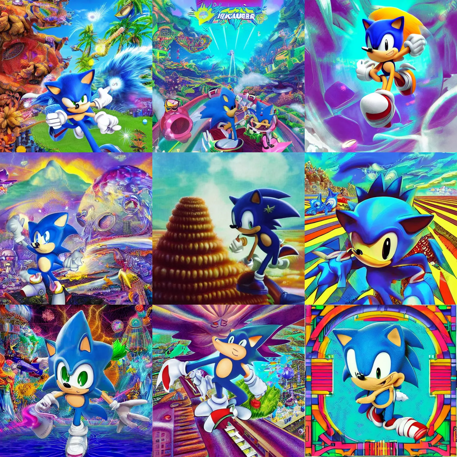 Prompt: sonic the hedgehog in a surreal, soft, detailed professional, high quality airbrush art mgmt shpongle album cover of a chrome dissolving LSD DMT blue sonic the hedgehog surfing through vaporwave cyberspace, checkerboard horizon , 1990s 1992 Sega Genesis video game album cover