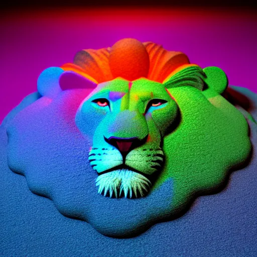 Image similar to lion made of rainbow sand, volumetric light, cinematic, extremely detailed, cgi, trending on artstation, hyper realistic, hd wallpaper, sharp, michael whelan, ted nasmith