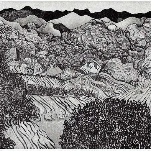 Prompt: landscape by MC Escher and Vincent Van Gogh