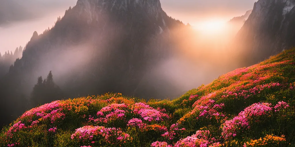 Prompt: flowers, foggy floral mountain side, sunrise, by max muench