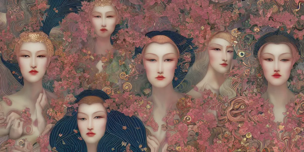 Image similar to breathtaking detailed concept art painting art deco pattern of blonde faces goddesses by hsiao - ron cheng, amalgamation flowers, bizarre compositions, kaleidoscope, exquisite detail, 8 k