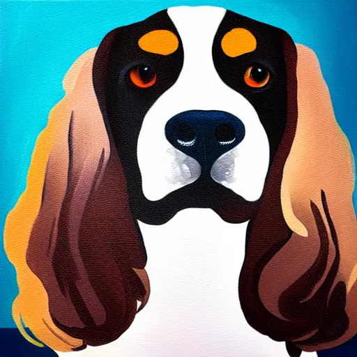 Prompt: a painting of a spaniel at a smokey bar with a Martini, fine art, dots, brush marks, light effect