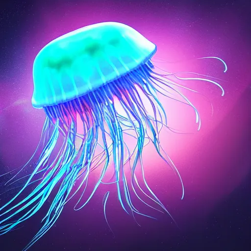 Image similar to a jellyfish with a bright biosphere in its head floating in space, long neon tentacles, meteor shower background unreal engine render, hyper realistic, ultra detailed