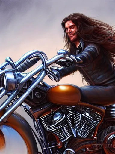 Image similar to handsome man with long hair riding a harley davidson. intricate, elegant, highly detailed, digital painting, artstation, concept art, sharp focus, illustration, by justin gerard and artgerm, 8 k