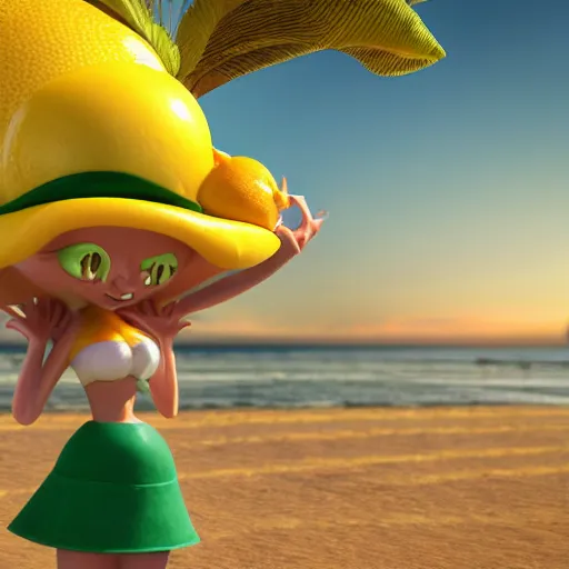 Image similar to 3 d octane render, of a hot anthropomorphic lemon female character inspired by dalle 2 generations, with lemon skin texture, she is wearing a hat, building a sandcastle on the beach at sunset, beach, huge waves, sun, clouds, long violet and green trees, rim light, cinematic photography, professional, sand, sandcastle, volumetric lightening