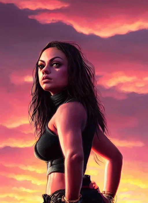 Prompt: Mila Kunis wearing black choker, epic portrait of a very strong muscled Amazon heroine, sun beams across sky, pink golden hour, stormy coast, intricate, elegance, highly detailed, shallow depth of field, epic vista, Artgerm, Boris Villajo