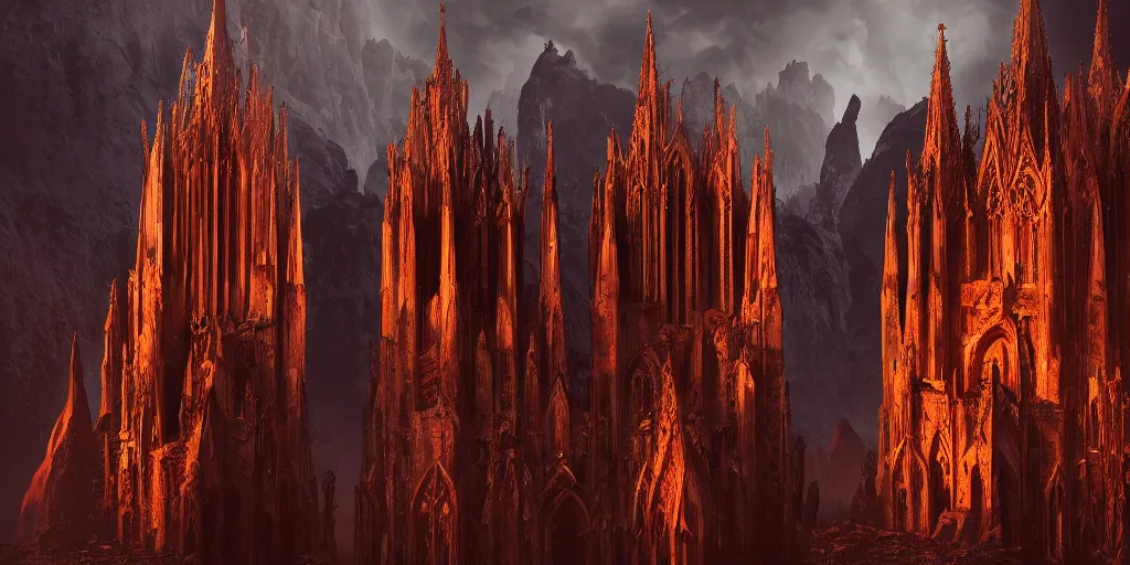 Image similar to dark gothic cathedral, gothic architecture, at the top of a red rock canyon, artstation concept art, beautiful matte painting, ultrawide angle