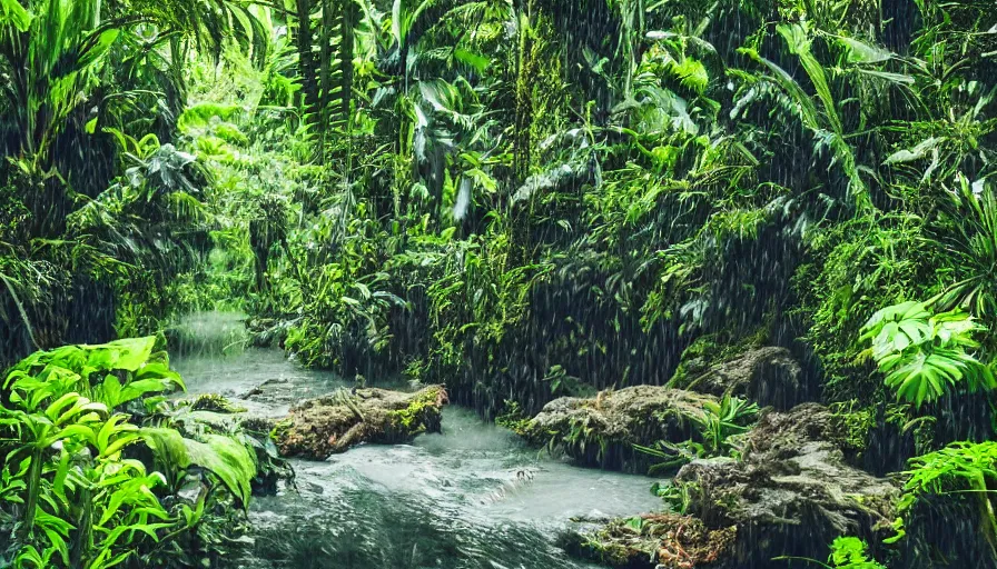 Prompt: a rainy foggy jungle, river with low hanging plants, there is a giant christal in the water, it is glowing, great photography, ambient light