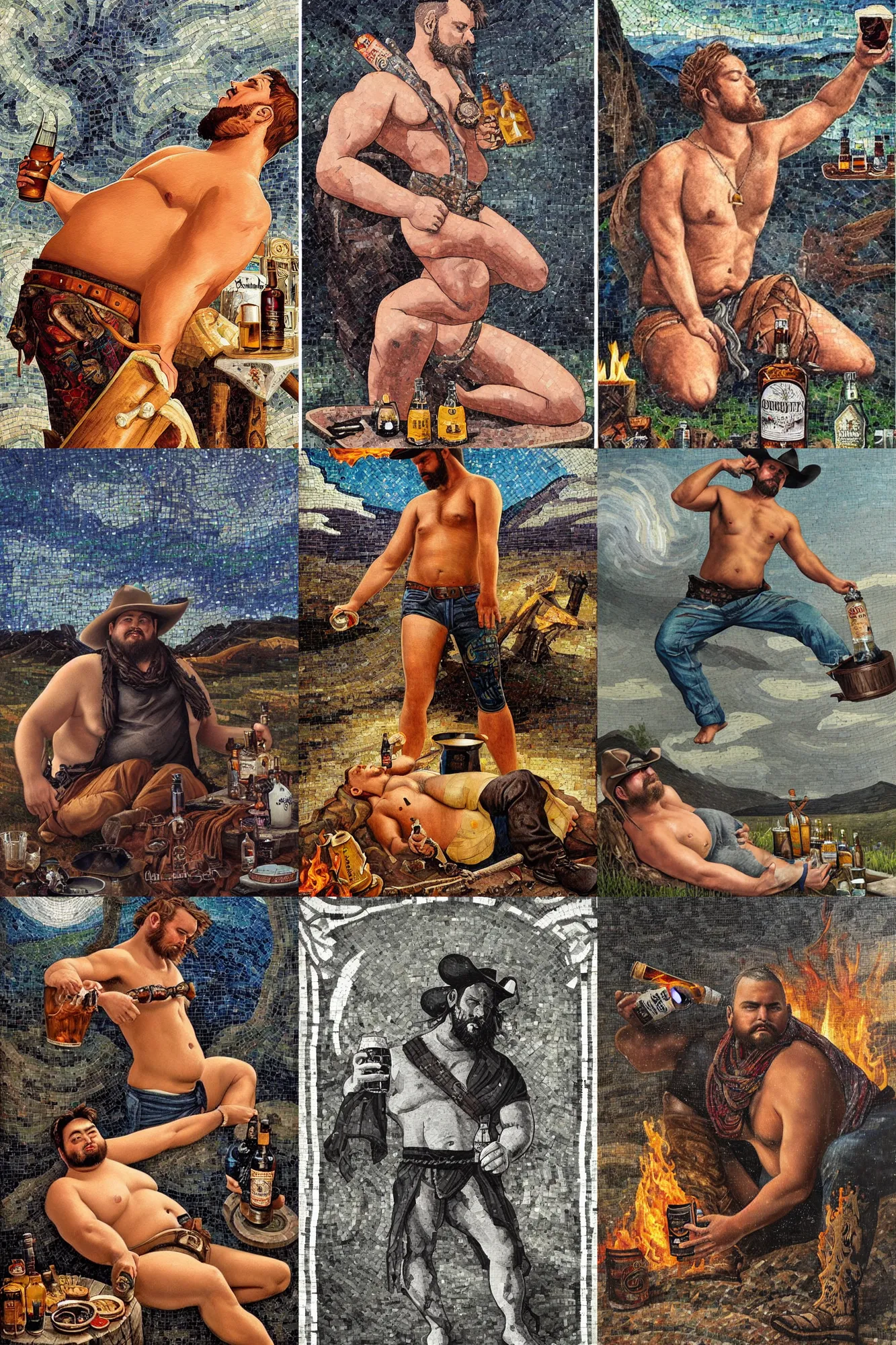 Prompt: a dramatic, epic, ethereal painting of a handsome thicc mischievous shirtless cowboy with a beer belly wearing a large belt and bandana offering a whiskey bottle | he is relaxing by a campfire | background is a late night with food and jugs of whisky | homoerotic | stars, tarot card, art deco, art nouveau, (mosaic), intricate | by Mark Maggiori | trending on artstation