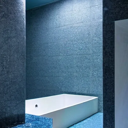 Image similar to a futuristic bathroom with walls and floor made of blue granite. There is a small swimming pool on the floor