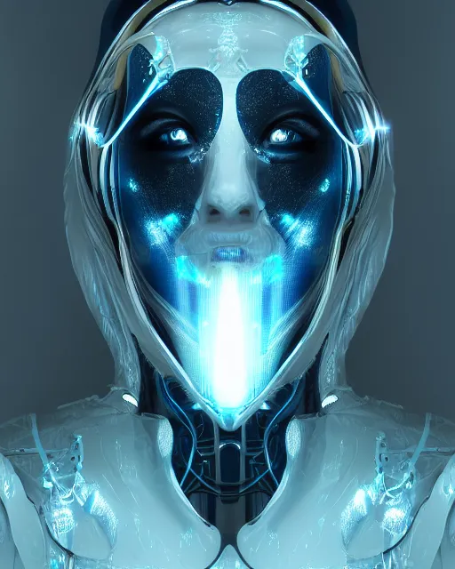 Image similar to detailed portrait of a beautyful cyber noun, necromancer, benevolent, scifi, futuristic, elegant cape, year 2 1 0 0, elegant, alien room background, white, blue, gold, trending on artstation, so - s 1 4 8 ft light, holy machine, advanced technology, art by vitaly bulgarov and nivanh chanthara