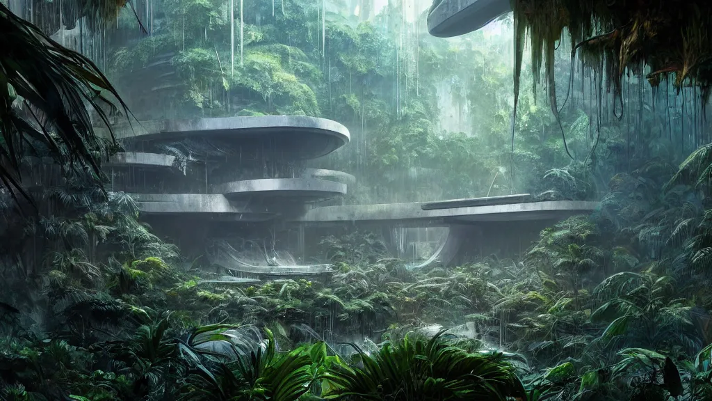 Prompt: abandoned brutalist alien space station in lush jungle, close up, wadim kashin, jessada sutthi, clinton felker, digital painting, xf iq 4, f / 1. 4, iso 2 0 0, 1 / 1 6 0 s, 8 k, raw, featured in artstation, octane render, cinematic, elegant, intricate, 8 k