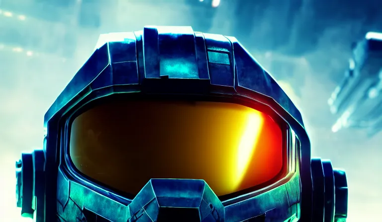 Image similar to cyberpunk halo helmet on space, planet behind, close shot, reflection, epic, dramatic, cinematic, award winning, ultra detailed, realistic, 8k,