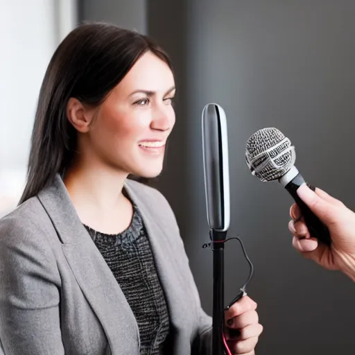 Prompt: a person interviewing a microphone