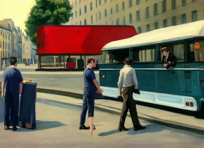 Image similar to painting, two young men and women near blue vw bus on paris street, by edward hopper, bernardo bertolucci dreamers movie scene