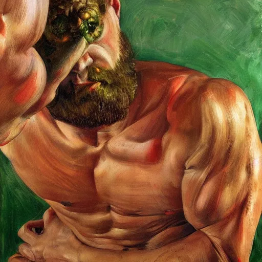 Image similar to high quality high detail painting by lucian freud and frank frazetta, hd, red and green