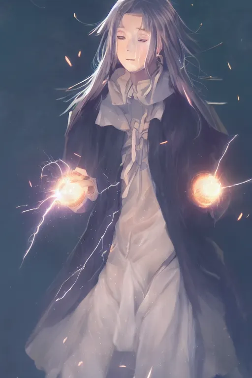 Image similar to an anime girl wizard conjuring a lightening ball, character art portrait, illustrated by wlop, extremely detailed, 8 k, trending on artstation, cinematic lighting, beautiful,