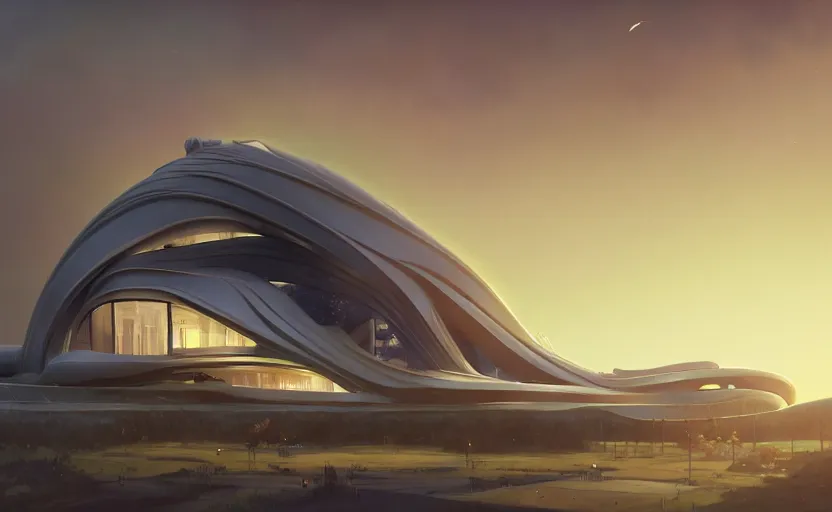 Prompt: exterior photo shot of utopian architecture laboratory with cinematic lighting by moebius and zaha hadid and renzo piano, darek zabrocki and greg ruthkowski, alphonse mucha, simon stalenhag, cinematic, shot on canon 5 d width angle lens, lambda shape, scifi, futurism, atmospheric, sunset, concept art, artstation, trending on artstation