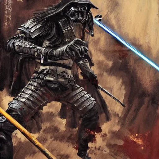 Image similar to highly detailed painting of a samurai battling zombies, gruesome, scary, sci-fi, hyper realistic, in the style of Star Wars, noir