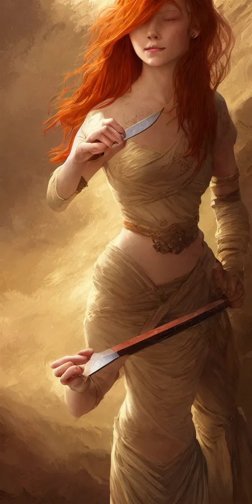 Prompt: ginger girl with problems dringing in an ancien taver and playing with a knife, magic the gathering, ancient, sand, emerald, intricate, highly detailed, digital painting, artstation, concept art, smooth, sharp focus, illustration, Unreal Engine 5, 8K, art by artgerm and greg rutkowski and alphonse mucha