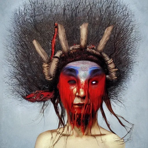 Image similar to A young blindfolded shaman woman with a decorated headband from which blood flows, in the style of heilung, blue hair and wood on her head. The background is a forest on fire, made by Esao Andrews and Karol Bak and Zdzislaw Beksinski,