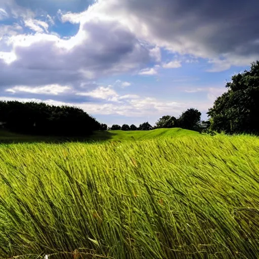 Prompt: the sky is made of waves looking out on a field of short grass