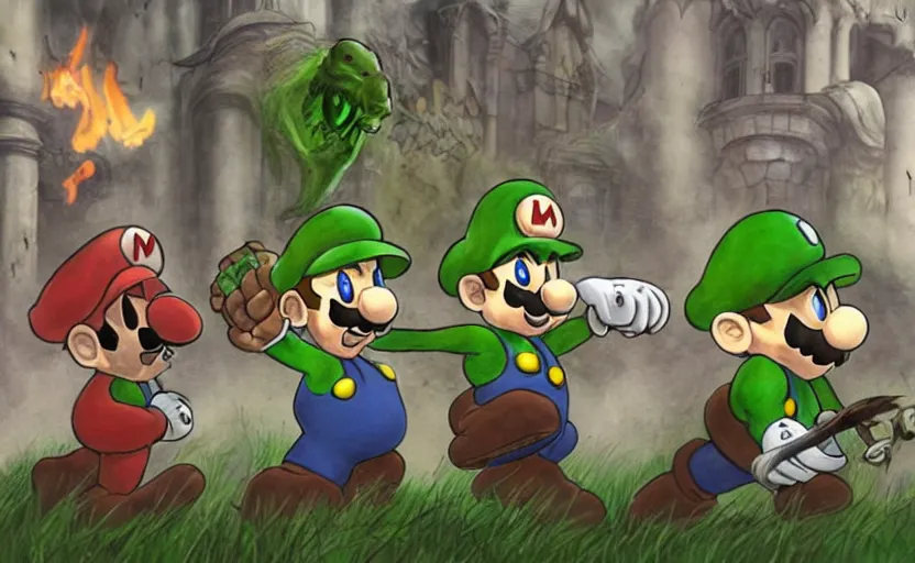 Prompt: mario and luigi as dark souls bosses, eldritch art, gothic medieval boss, epic battle, dual fight, cinematic art, character portrait, boss encounter, dangerous, fallen mushroom kingdom, castle ruins and demented goombas