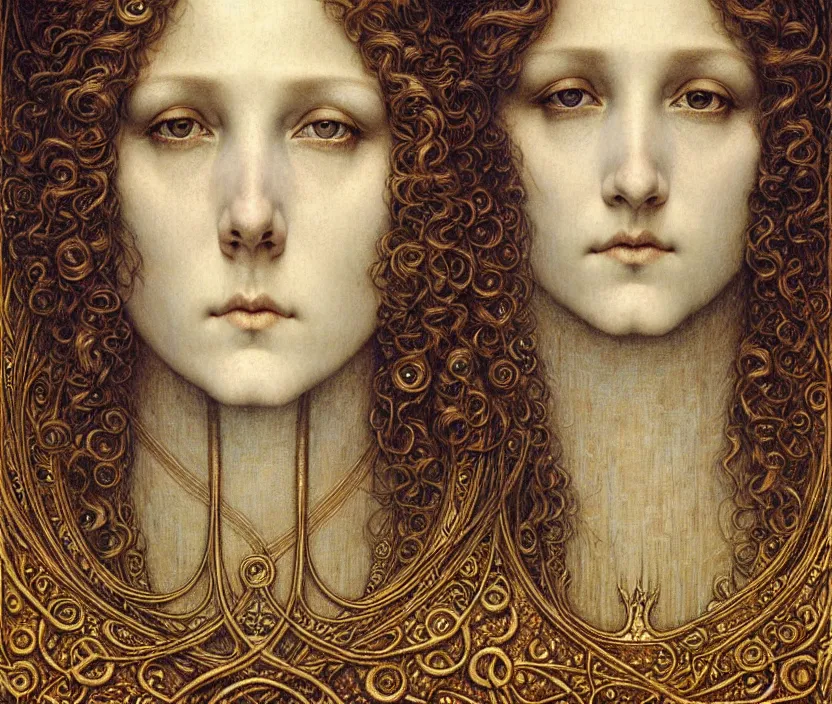 Image similar to detailed realistic beautiful young medieval queen face portrait by jean delville, gustave dore and marco mazzoni, art nouveau, symbolist, visionary, gothic, pre - raphaelite. horizontal symmetry