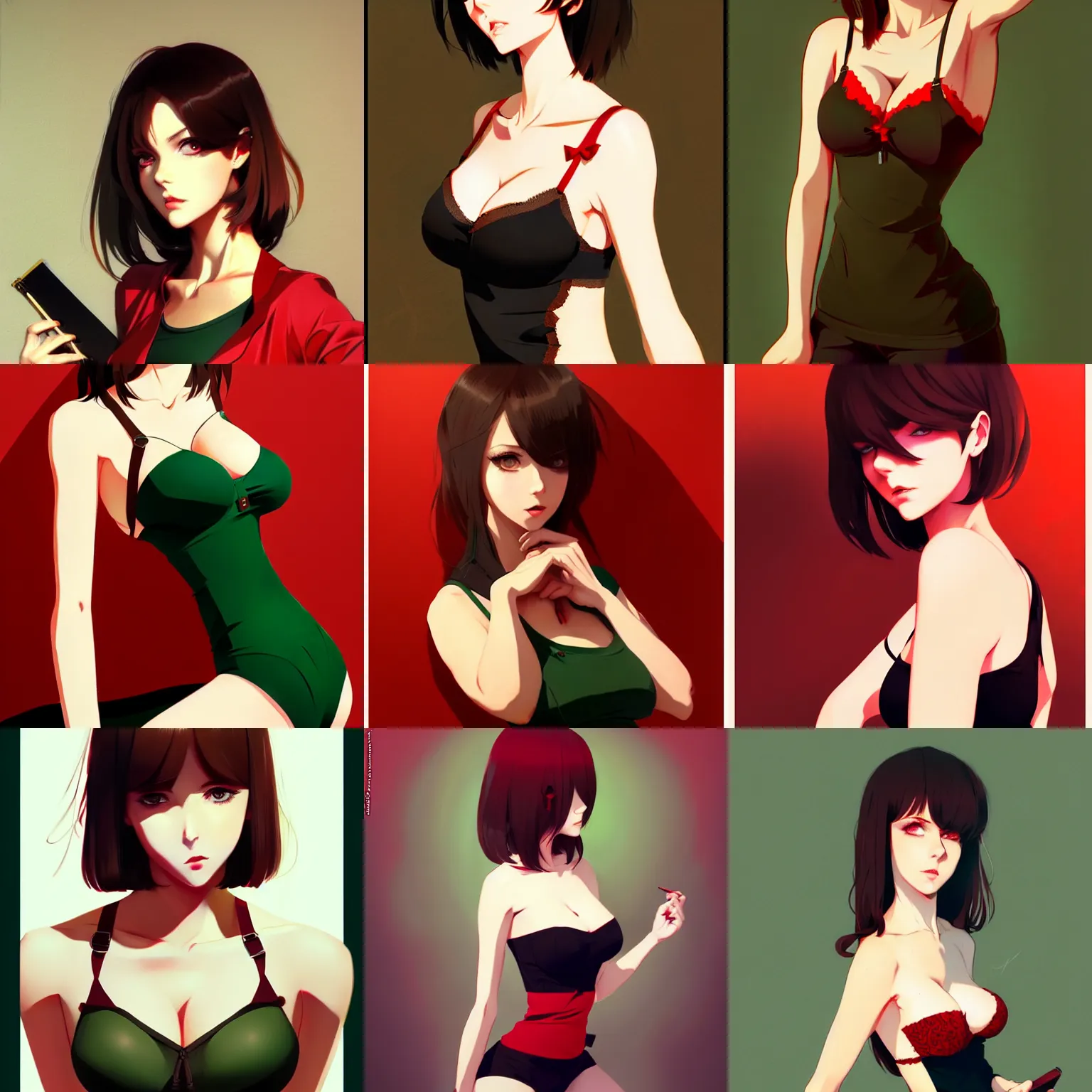 Prompt: gorgeous woman with brown hair and green eyes, wearing a sexy camisole, red and black color palette, in the style of and ilya kuvshinov and greg rutkowski, high quality anime artstyle, intricate
