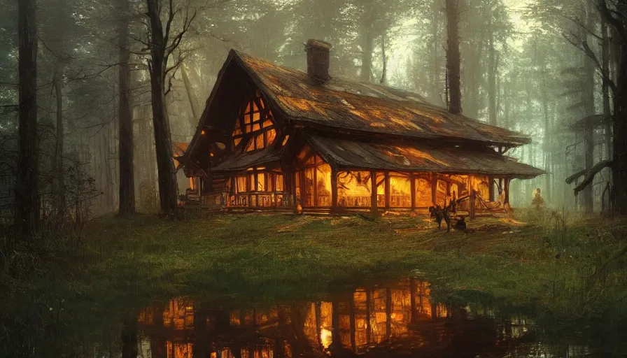 Image similar to a beautiful intricate painting of a log cabin in a dark evil fantasy forest, reflections, very high details by william turner art, greg rutkowski and alphonse mucha, trending on artstation, very very detailed, masterpiece,