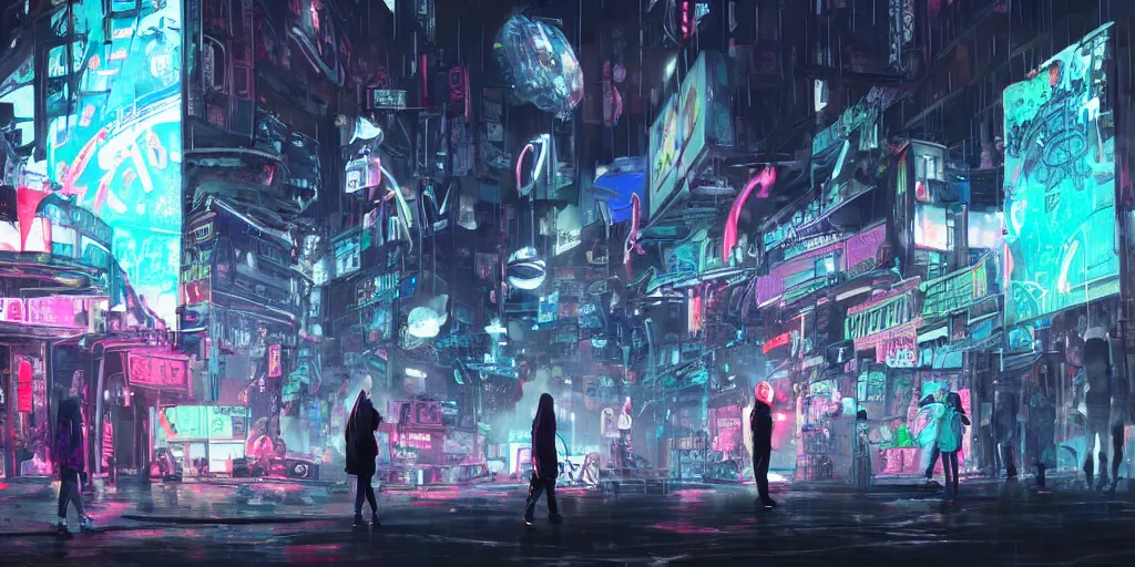 Prompt: teenagers with tech clothing and hoods and futuristic gas masks painting giant graffitis on the walls of a dystopian city, neon lights, sci - fi, night lights, rain and haze, concept art, intricate, in the style of katsuhiro otomo, akira, unreal engine