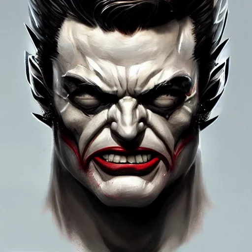 Image similar to a bodybuilder Wolverine joker Android head in Rococo art, Greg rutkowski Trending artstation