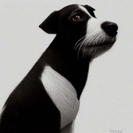 Image similar to portrait of black and white jack russel terrier, cute pixar concept art, highly detailed, digital painting, artstation, concept art, smooth, sharp focus, illustration, art by artgerm, greg rutkowski and alphonse mucha