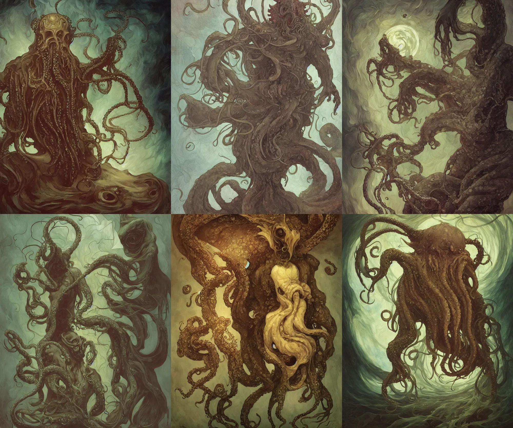 Prompt: portrait of a cthulhu casting a spell. painted by barbara canepa and alessandro barbucci and tony sandoval, wlop, loish, caravaggio, mucha, magritte.