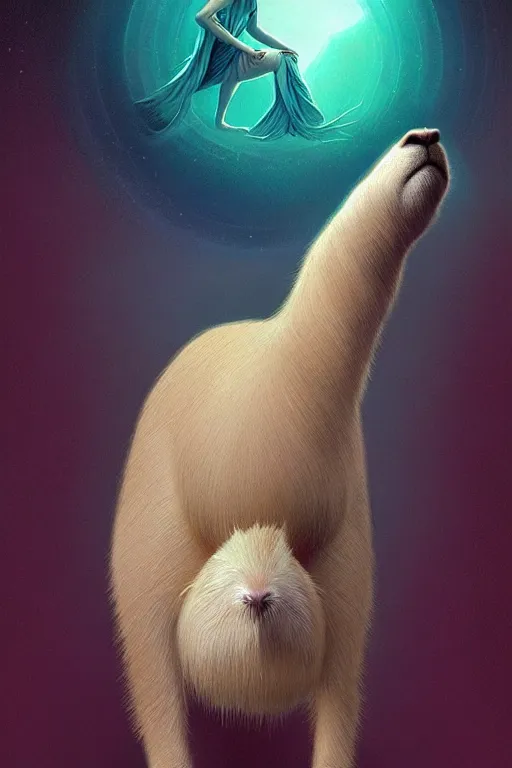 Image similar to complete and delicate portrait of a white capybara, beautiful, agile, fairy, myth, legend, detailed, trending on artstatioin, light effects, kilian eng, john harris, bastien lecouffe - deharme