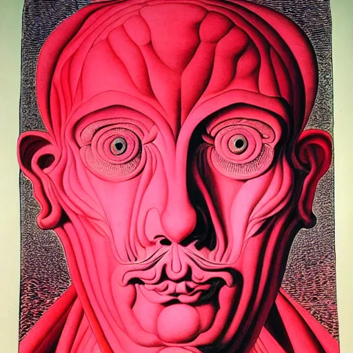 Image similar to red and pink graphic conceptual post - mortem monumental portrait made by escher and william blake and salvador dali, highly conceptual art, intricate detailed painting, illustration sharp detail, manga 1 9 9 0