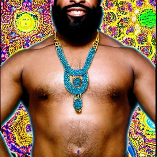 Image similar to a photograph of joe rogan as mr. t wearing many gold chains with a psychedelic dmt background