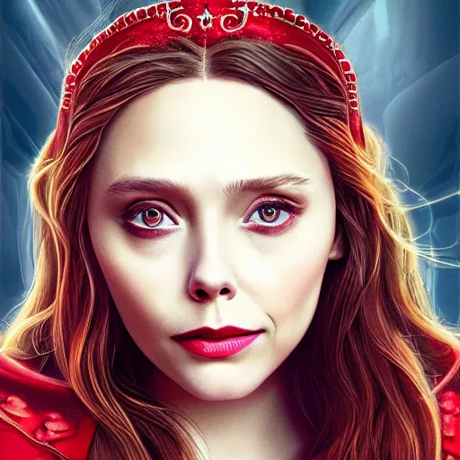 Prompt: A portrait of elizabeth Olsen as scarlet witch with the scarlet witch crown, cinematic, digital art, amazing detail