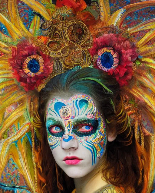 Image similar to a beautiful girl at carnival wearing colourful face paint surrounded by colourful intricate patterns, by edgar maxence and caravaggio and michael whelan, intricate painting, hyper realistic, extremely detailed and beautiful aesthetic face, 8 k resolution