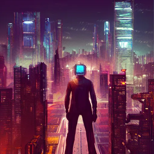 Prompt: A man standing on top of a bridge over a city, cyberpunk art by Vincent Lefevre, behance contest winner, altermodern, cityscape, synthwave, matte painting