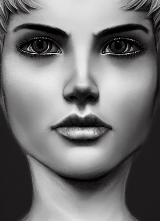 Prompt: up close portrait of a beautiful woman in black and white, photorealistic, pixie cut, intricate hair, upper body, art by diego fazio and diegoKoi and oscar Ukono, concept art, sharp focus, artgerm, 8k highly detailed