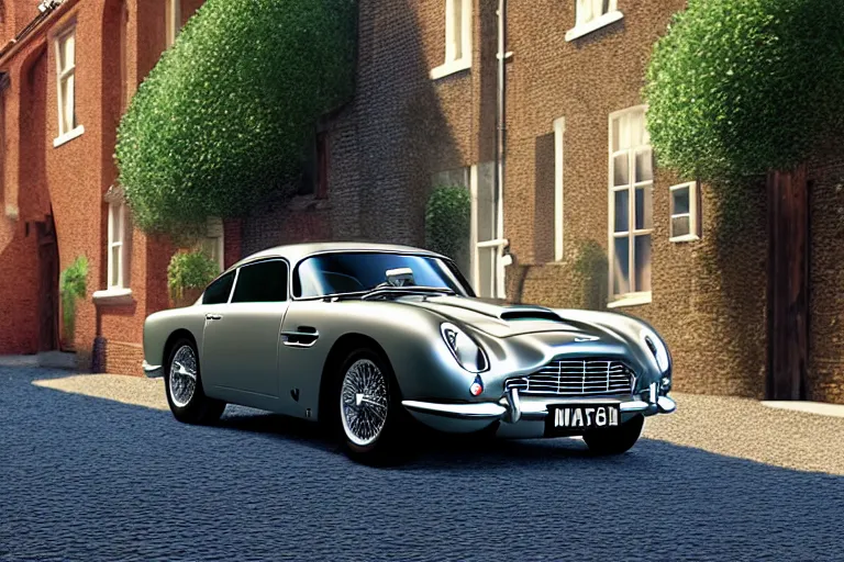 Image similar to a wholesome animation key shot of one short - wheelbase aston martin db 5, in a rich london mews residential street, miniature, waist height, medium range, studio ghibli, ( pixar ) and disney animation, sharp, very detailed, unreal engine 5 render, bloom, high resolution, anime key art by greg rutkowski