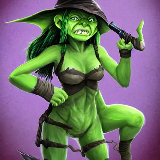 Image similar to cute tiny goblin girl with green skin wearing hunter armor from Bloodborne and a wizard hat, d&d, art by Shadbase