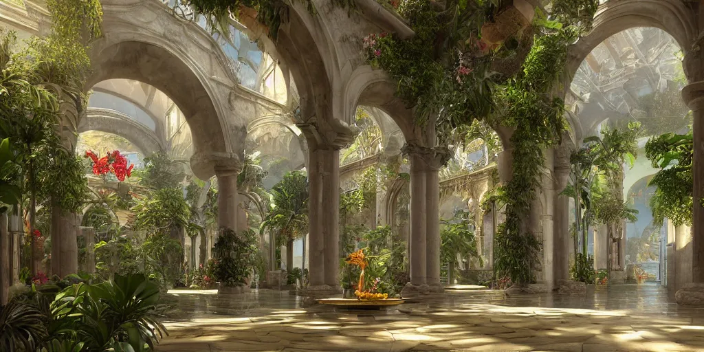 Prompt: cathedral interior with koi pond in the middle surrounded by palm trees, ivy, flowers, tropical plants, roses, and with archways. rendered in octane render with photorealistic lighting, fantasy concept art by tyler edlin, antoine blanchard, thomas cole