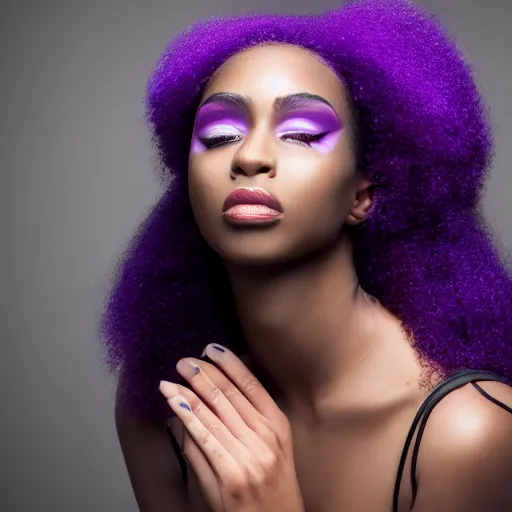 Prompt: a realistic model photoshoot of a black girl with purple afro hair, beautiful, model, professional picture, realistic, 4 k, bright light, portrait