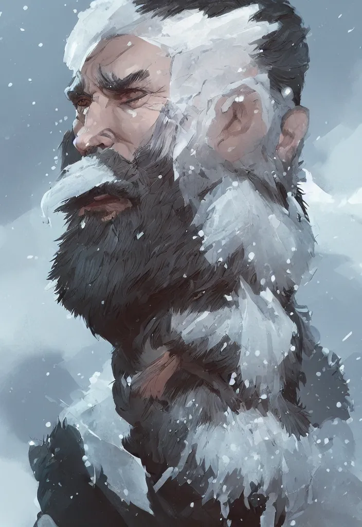 Image similar to a beard made of ice and snow, concept art in style of Greg Rutkowski, ultracrisp, high contrast lighting, John Singer Sargant, ilya kuvshinov, painted by Frank Frazetta, trending on artstation!!