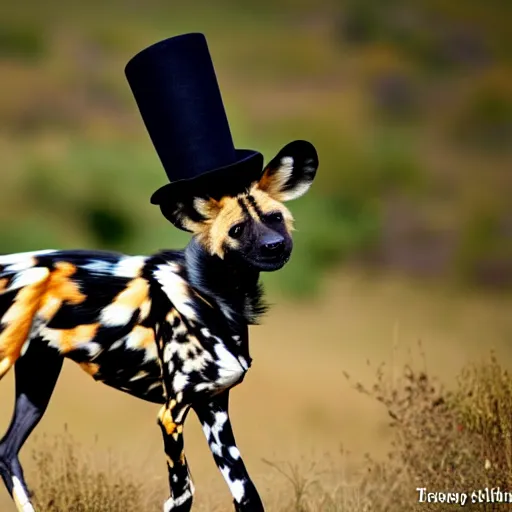 Prompt: A photo of the world's greatest showman: the african wild dog dressed in a hat!