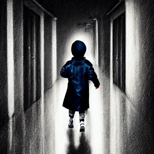 Image similar to A small child wearing red shoes and a rain coat obscuring his face walking alone in a dark alley, scary atmosphere,gloomy lighting, digital art , highly detailed , high contrast, beautiful lighting, award winning , trending on art station, 8k, photo realistic