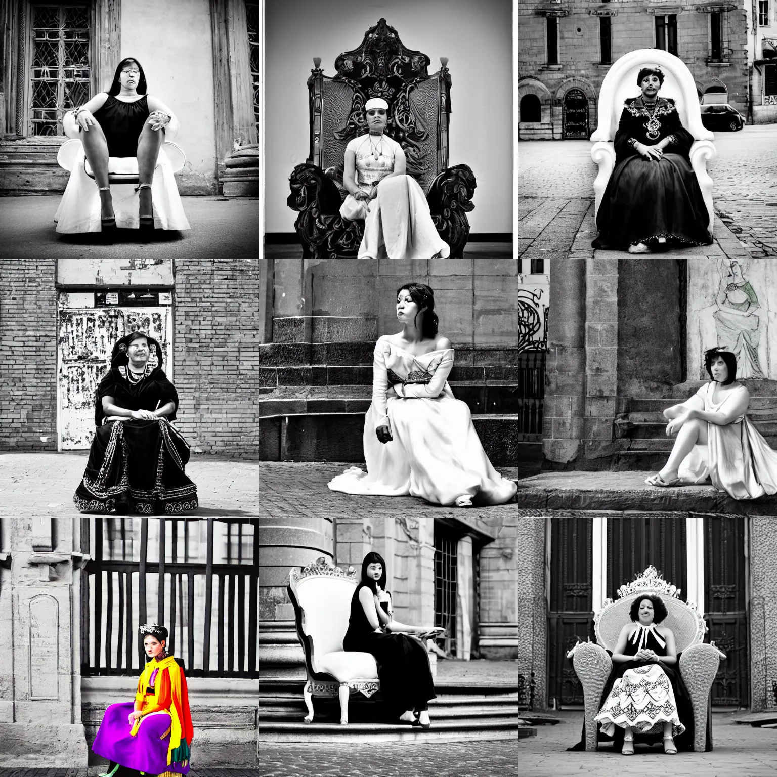 Prompt: a women dressed colorful elegantly sitting on a throne in black and white street